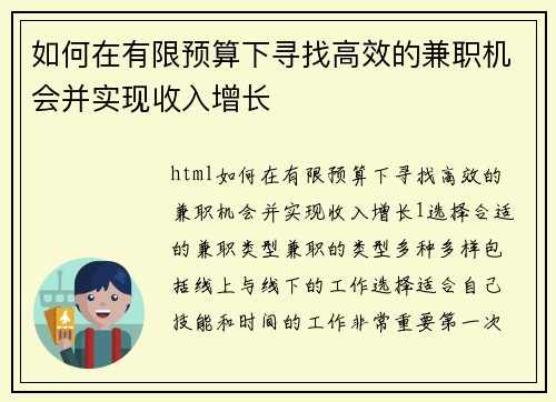 如何在有限预算下寻找高效的兼职机会并实现收入增长