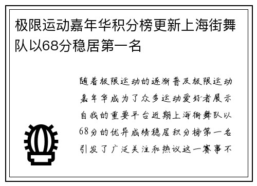 极限运动嘉年华积分榜更新上海街舞队以68分稳居第一名